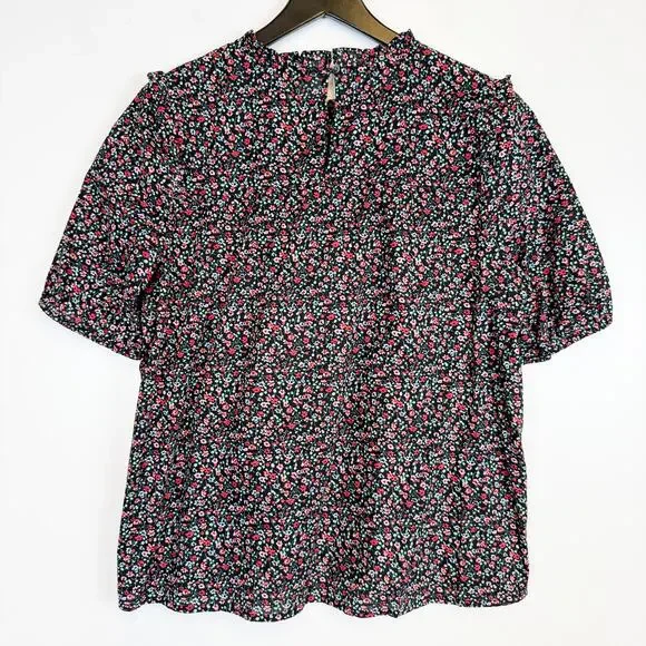 Madewell Puff Sleeve Ruffle Top Blouse Black Fieldwalk Floral - M - Picture 6 of 9